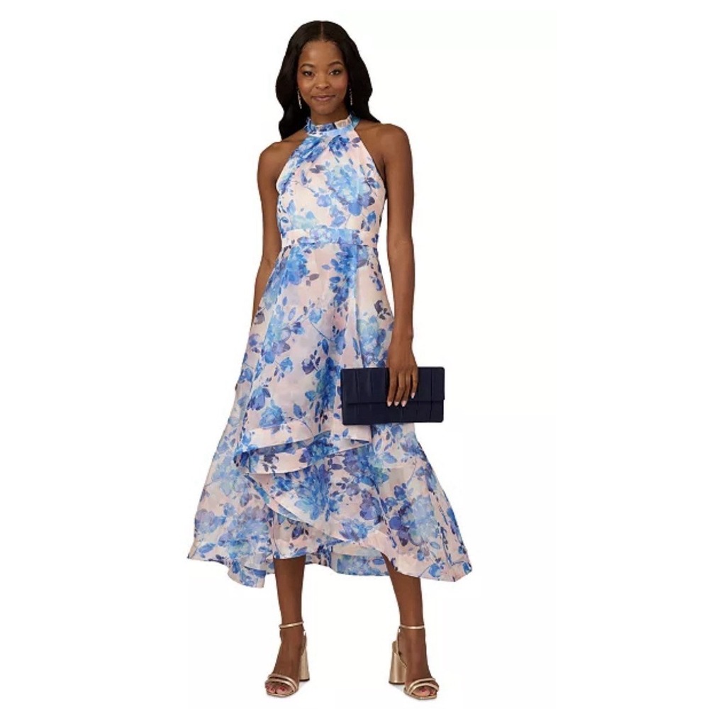 Adrianna Papell Blush Pink Blue Floral Print Organza Midi Dress Size 14 $249